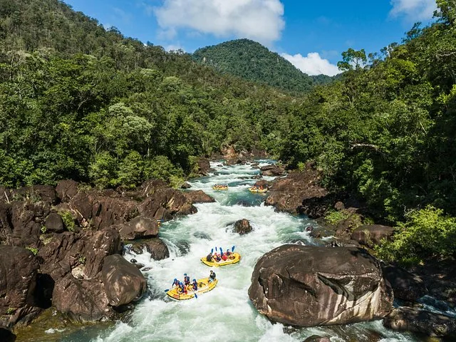 Weitwinkelaufnahme mehrerer gelber Rafts, die inmitten dichten grünen Regenwalds Stromschnellen am Tully River bewältigen.